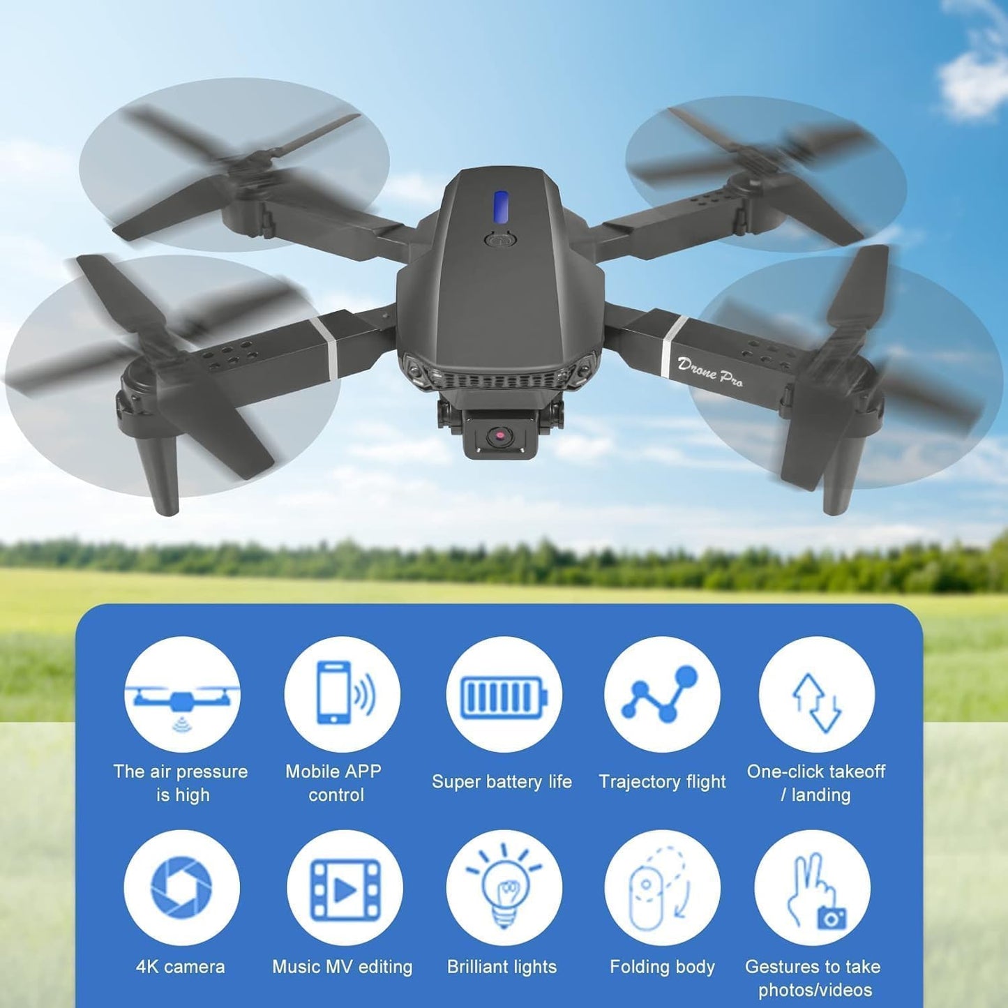 Drone with 1080P Camera for Beginners and Kids, Foldable Remote Control Drone with Voice Control, Gestures Selfie, Altitude Hold, One Key Start, 3D Flips, 2 Batteries.